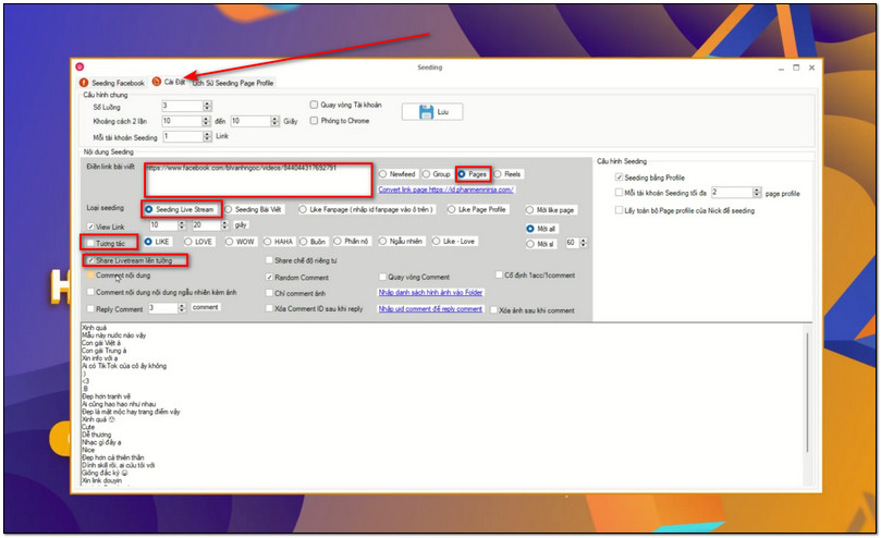Cài đặt cấu hình chạy share livestream facebook lên tường