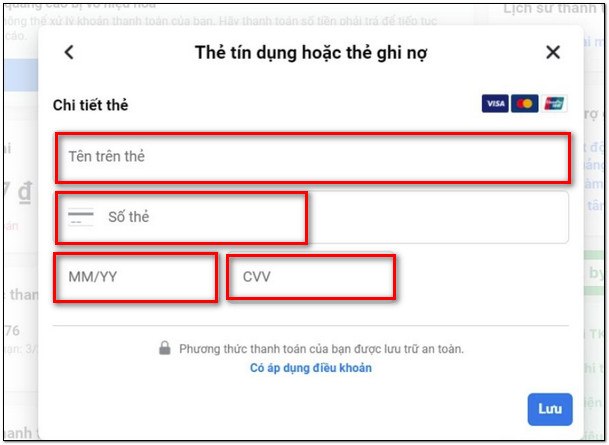 Thêm thông tin thẻ thanh toán chạy quảng cáo livestream facebook