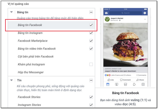 Vị trí quảng cáo ở bảng tin facebook