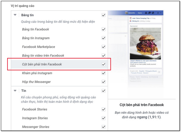 Chạy quảng cáo ở cột bên phải facebook